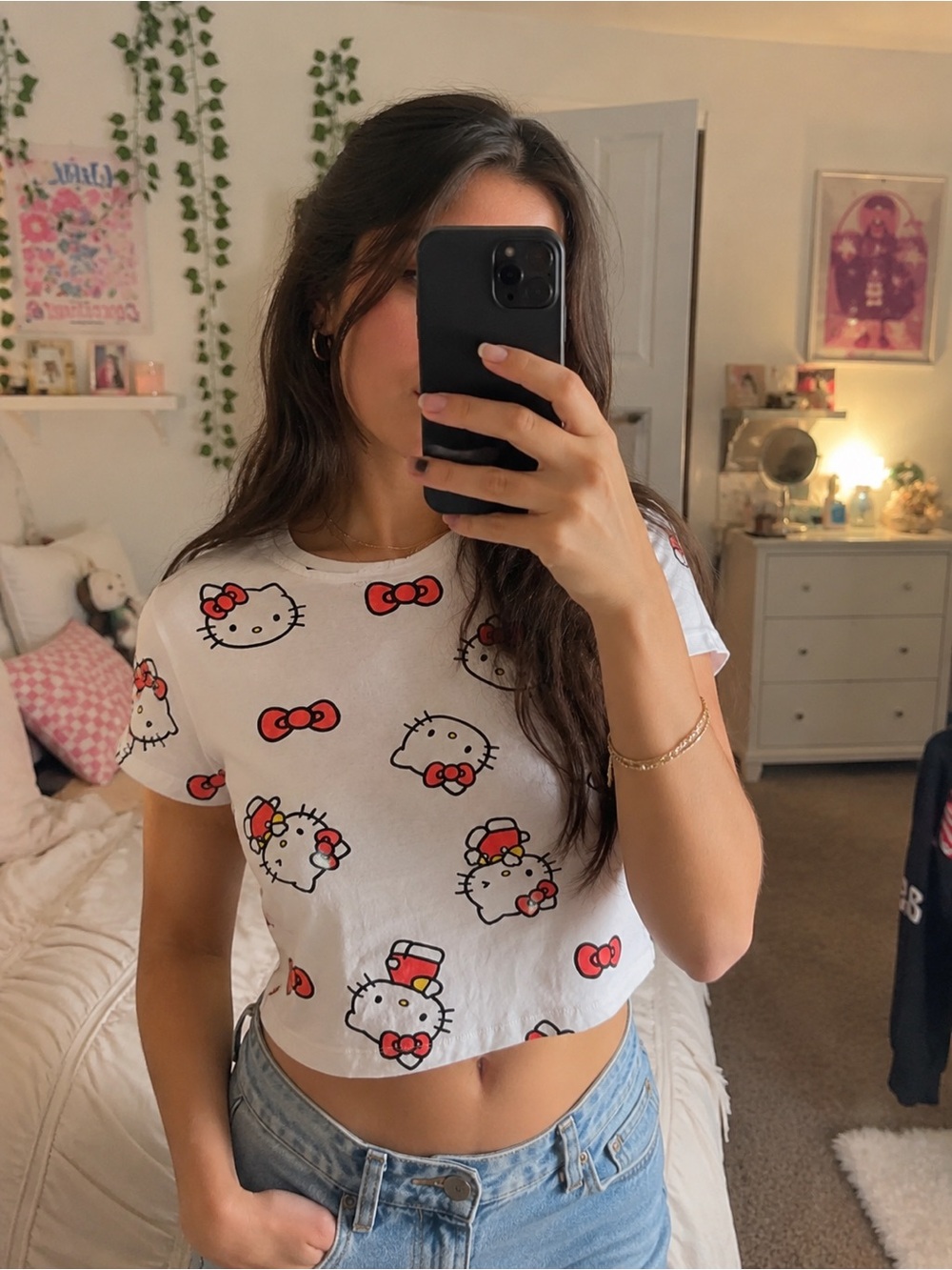 Hello Kitty White Crop Tee with Red Bows - Women’s Shirts & Tops